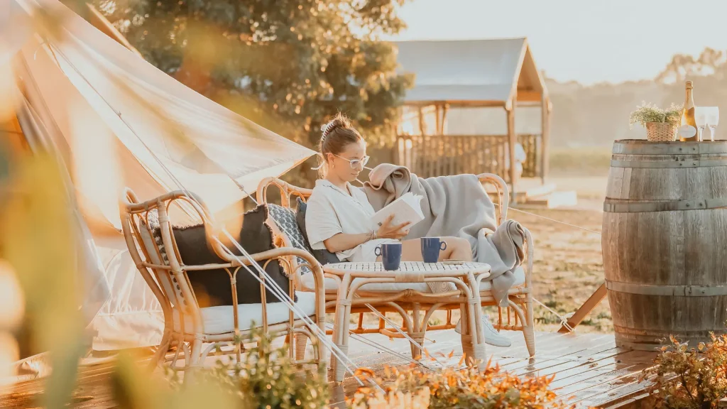 Luxury glamping tents at Balgownie Estate Bendigo amidst vineyards​